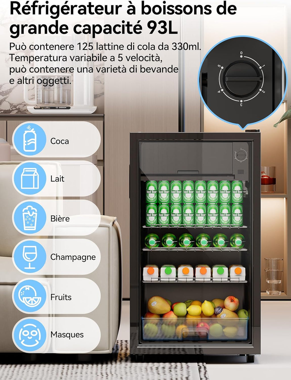 Devoko Frigo à boissons 93 L à porte en verre - Mini frigo avec lumières LED RGB et étagères ajustables pour un usage intérieur/extérieur. Le réfrigérateur parfait pour votre maison, bureau, bar ou fê