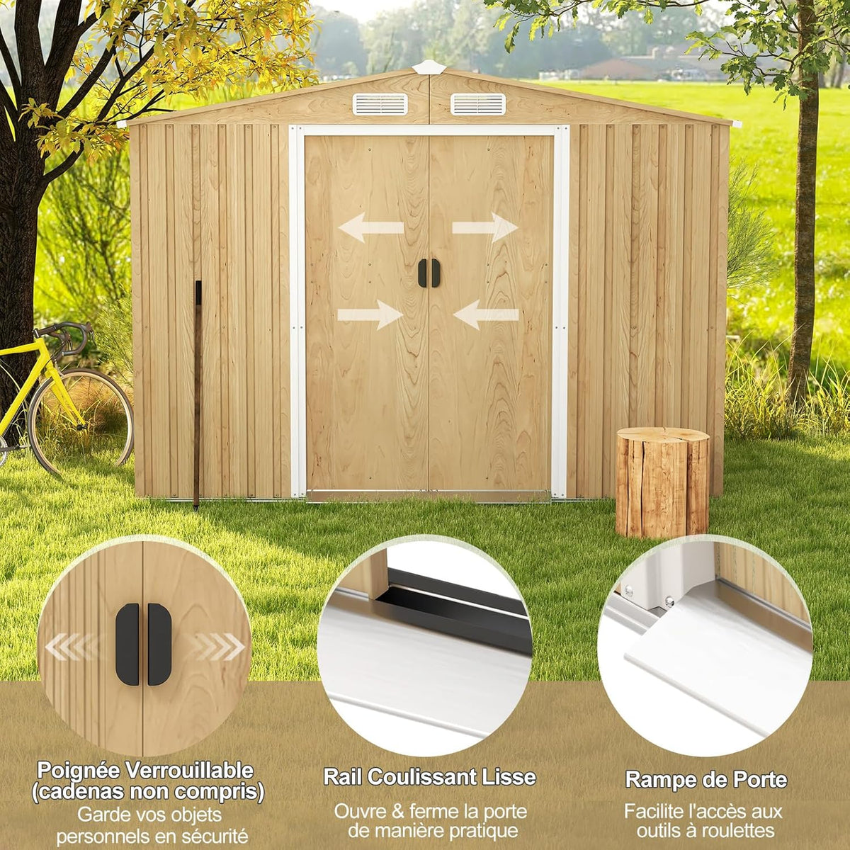 COSTWAY Abri de Jardin 5㎡ en Acier Galvanisé Anti-UV, 259 x 196 x 184 CM, Cabane de Jardin Exterieur 7m³ avec Fondation et Porte Coulissante, Rampe, 4 Trous d’Aération, 4 Gants Inclus