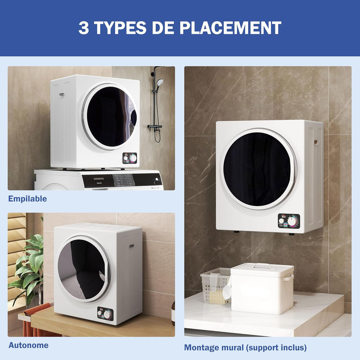 HOMCOM Sèche-linge à évacuation portable, sèche-linge électrique 850 W, 4 Kg, 4 modes de séchage, 2 niveaux de chauffage, cuve en acier inoxydable, installation murale, pour appartement dortoir, blanc
