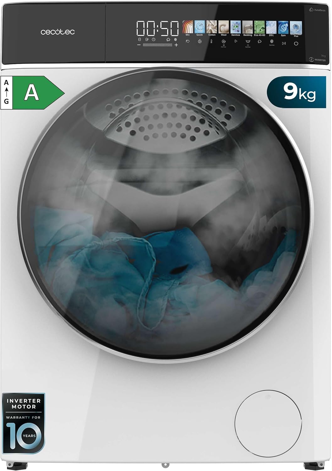 Cecotec Lave-linge 9Kg Chargement Frontal Bolero DressCode 9900 Autodose Inverter FullColor A, 1400 rpm, Écran FullColor 10,3", 16 programmes, Moteur Inverter Plus, SteamMax, Classe A, Blanc