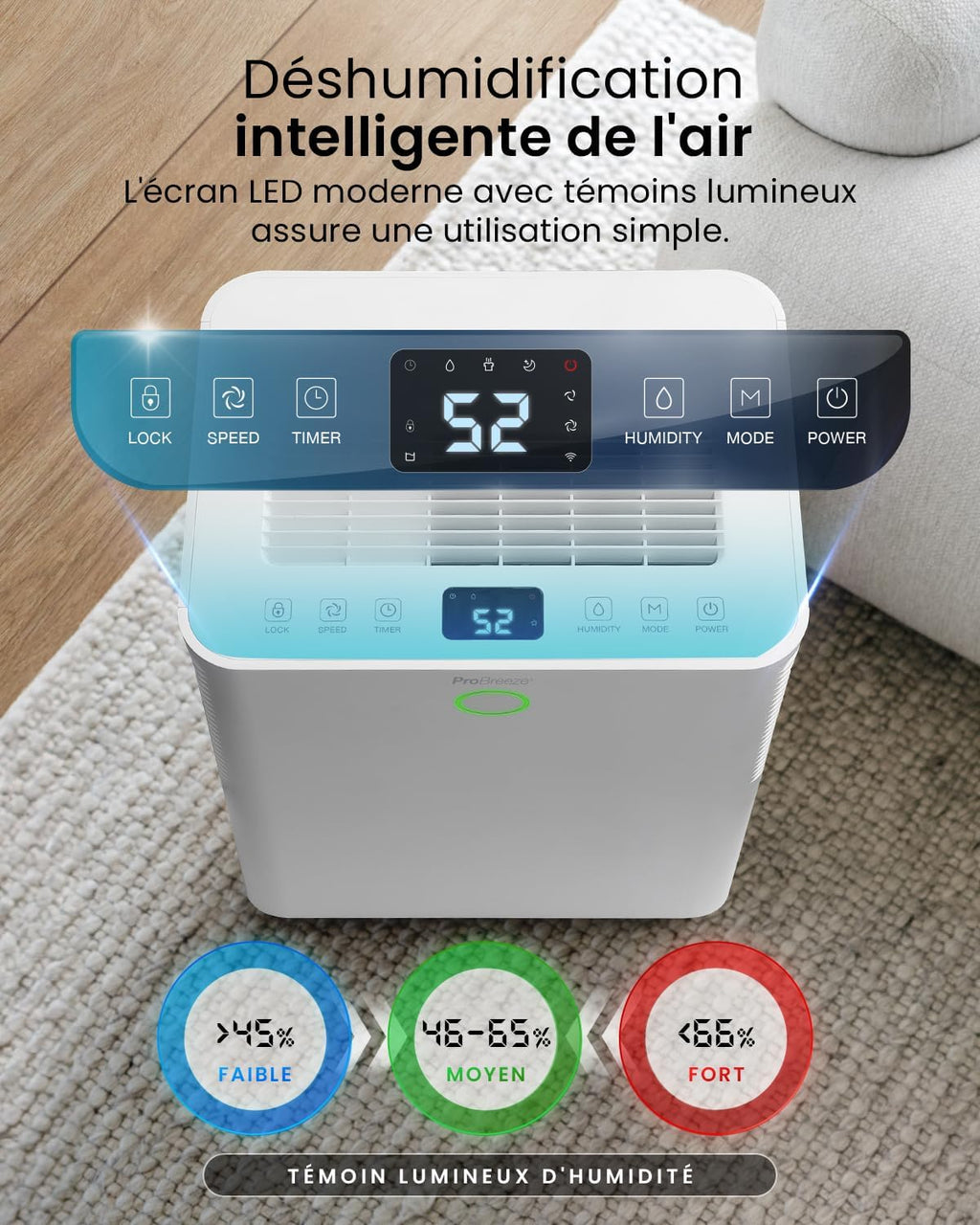 Pro Breeze OmniDry Déshumidificateur compresseur Intelligent 20L/Jour avec réservoir d'eau 4L, séchage du Linge & capteur d'humidité Auto - Absorbeur d’humidité, Contre moisissures & Condensation
