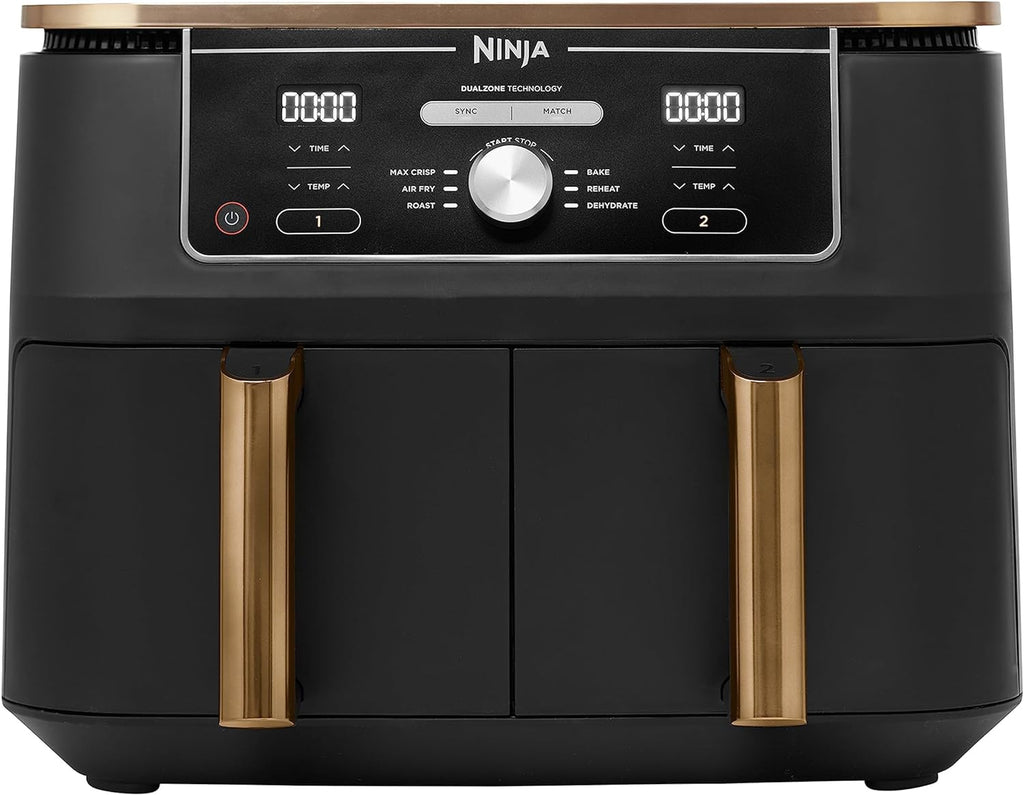NINJA Foodi MAX Dual Zone Air Fryer, 2 Tiroirs, 9,5L, 6-en-1, Sans Huile, Air Fry, Max Crisp, Rôtir, Cuire, Paniers Antiadhésifs Lavables Au Lave-Vaisselle, Cuivre/Noir AF400EUCP