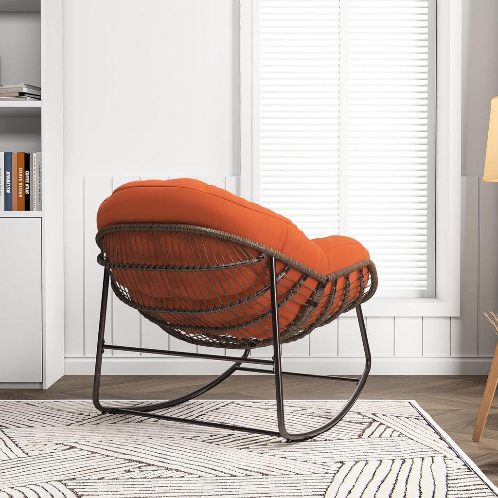 BEIJIALY Chaise à Bascule en rotin imperméable d'extérieur, Chaise de Loisirs à Coussin épais d'intérieur, Fauteuil à Bascule, Longue pour Jardin, Chambre, Salon, Porche, Balcon Orange