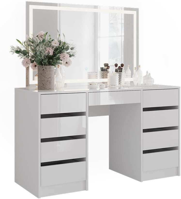 Vicco Coiffeuse Sherry, Blanc/Blanc Brillant, 128.2cm avec Miroir LED
