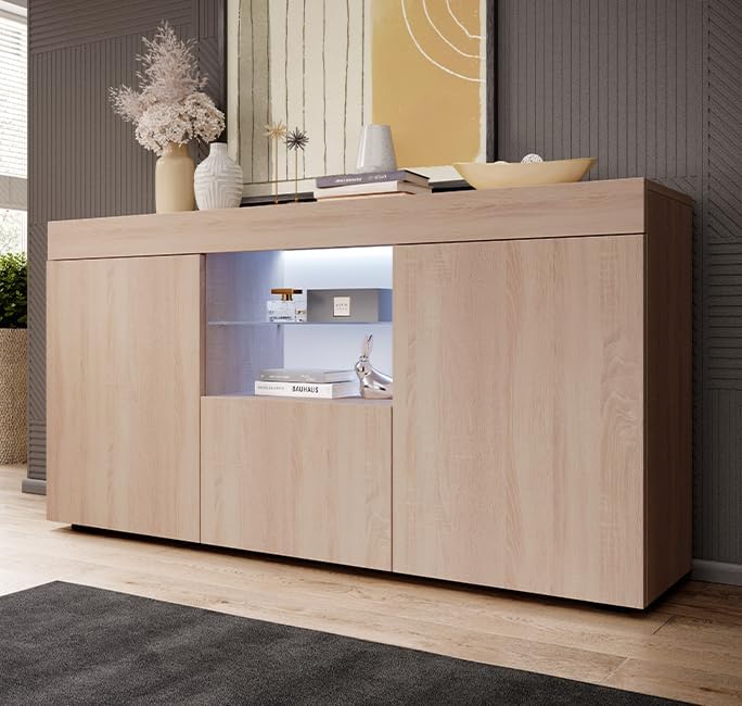 MB Muebles Bonitos, Buffet Sefora pour Salon et Salle à Manger avec Lumière LED, Meuble TV en Mélamine Mate, Couleur Sonoma, 135x72x34 cm