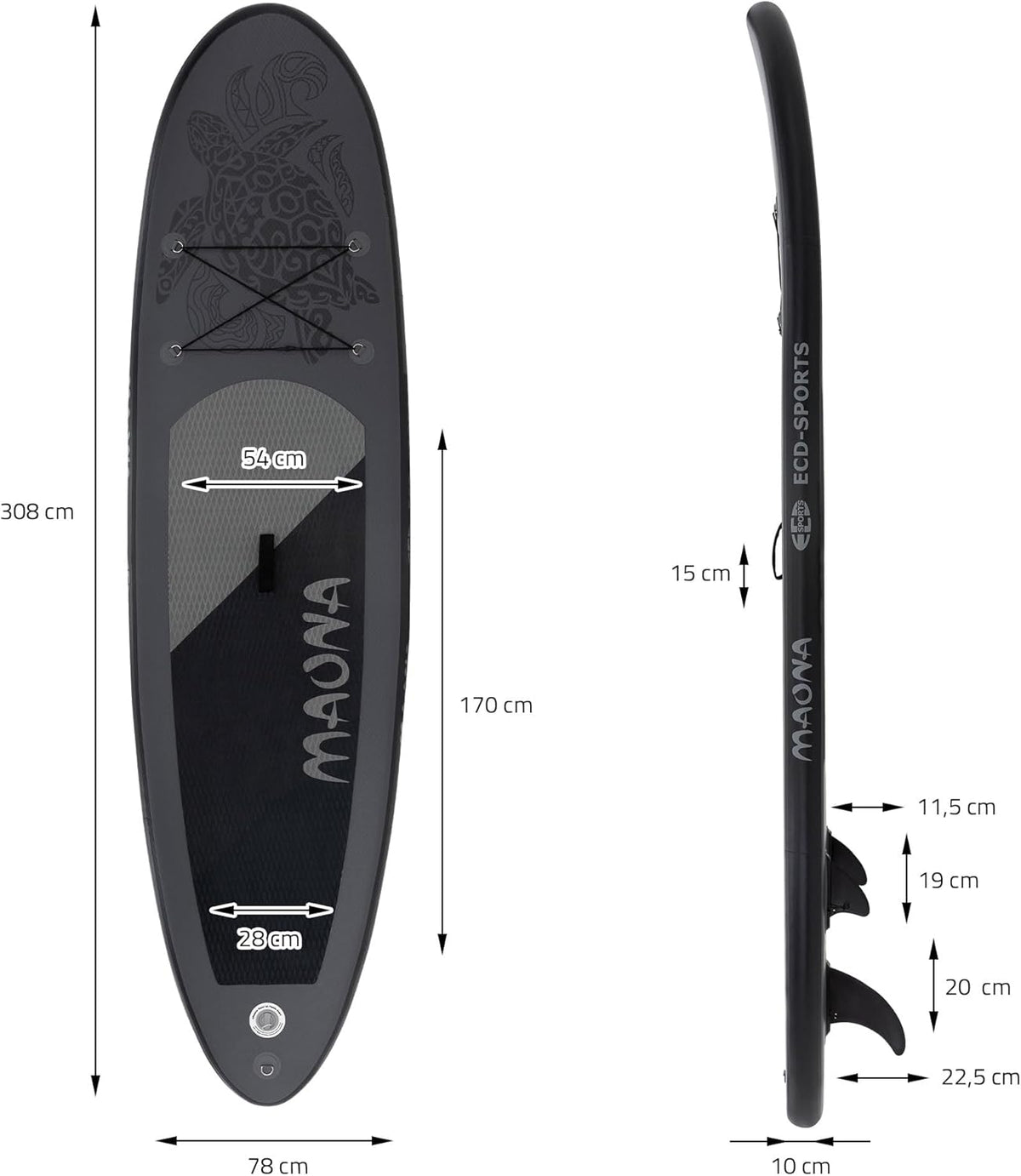 ECD Germany Stand Up Surf Paddle Board Gonflable 305/308/320/380 cm | PVC | jusqu'à 120/150 kg | Épaisseur 10/15 cm | Planche de Surf Pagaie Sac de Transport Pompe à Air | Diverses Couleurs Modèles