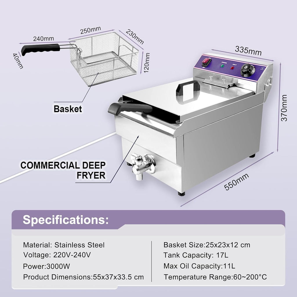 MOOTACO Friteuse électrique Inox 16L Professionnelle Commerciale,3000W Acier Inoxydable Friteuse avec robinet