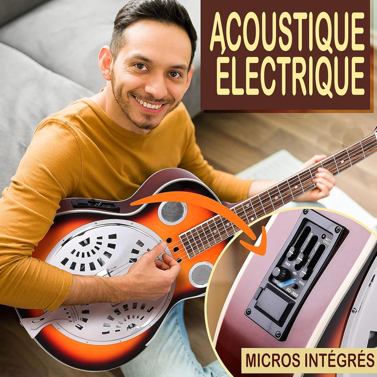 Pyle Guitare - Guitare Electro Acoustique Résophonique, Résonateur Traditionnel à Manche Rond Taille Réelle, Préamplificateur Intégré, Blanc