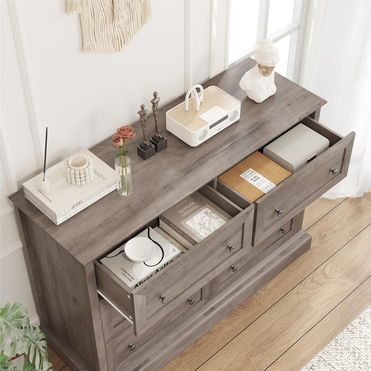 FOREHILL Commode Chambre Commode 6 Tiroirs Buffet Meuble de Rangement pour Salon Cuisne Chambre Adulte Classique en Bois 120 x 42,5 x 82,5 cm