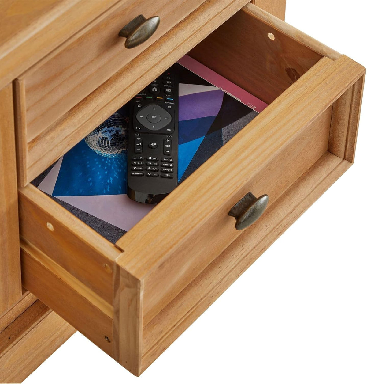IDIMEX Meuble TV Kent Banc télévision en pin Massif Finition cirée 144 x 46 x 45 cm, avec 4 tiroirs et 2 niches
