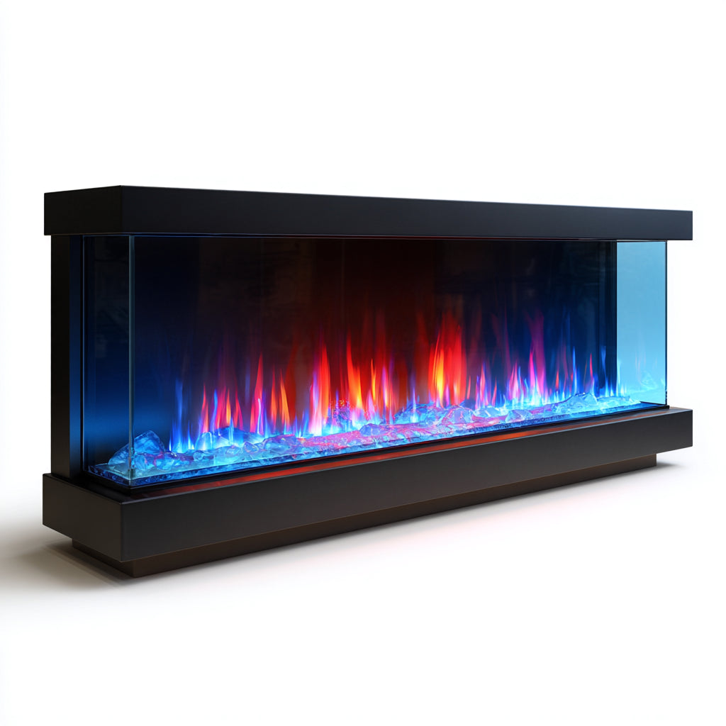 Cheminée électrique panoramique 170x20x50 cm - métal/verre trempé - noir - flamme LED multicolore