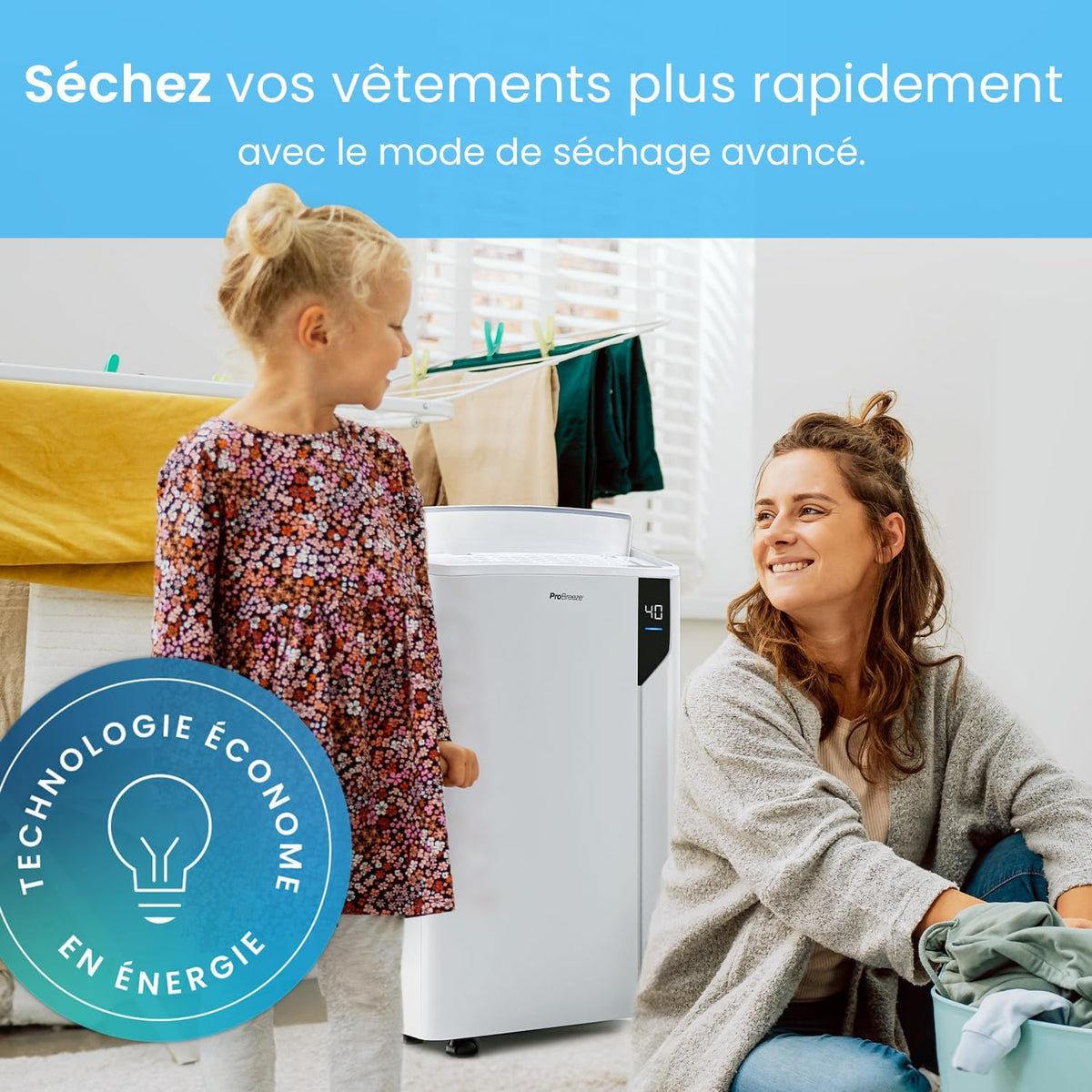 Pro Breeze Déshumidificateur d Air 20L/Jour - Deshumidificateur économe en énergie avec Mode Séchage des Vetements, Capteur et indicateur d'humidité, Filtre - Absorbeur d'humidité et moisissures