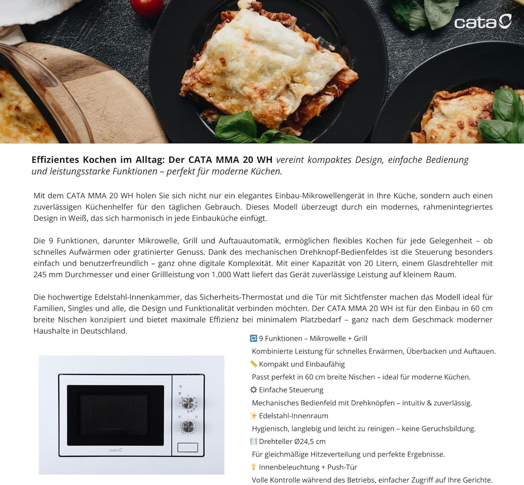 CATA - MMA 20 WH - Micro-ondes encastrable - Blanc - Intérieur en acier inoxydable - Installation dans un meuble haut - 5 niveaux de puissance - Gril de 1000 W - Avec minuterie - 20 L - Largeur 60 cm