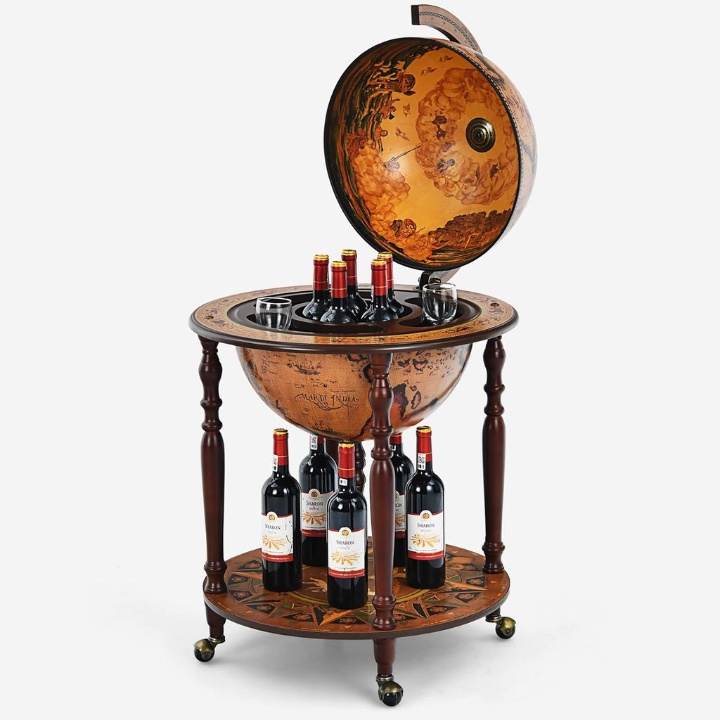 GOPLUS Bar Globe Terrestre Mappemonde à Vin en Bois φ45 CM, Chariot de Bar Forme Globe avec 4 Pieds et 4 roulettes, Porte-Bouteille Bar d’Angle avec Couvercle pour Salon, Salle à Manger (Marron)