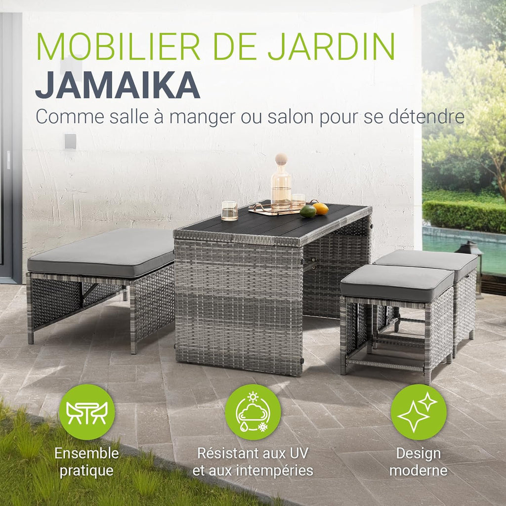 Juskys Ensemble mobilier de Jardin 2 en 1 en polyrotin Jamaika - Table, canapé Lounge - Salon de Balcon ou d’extérieur Gris chiné