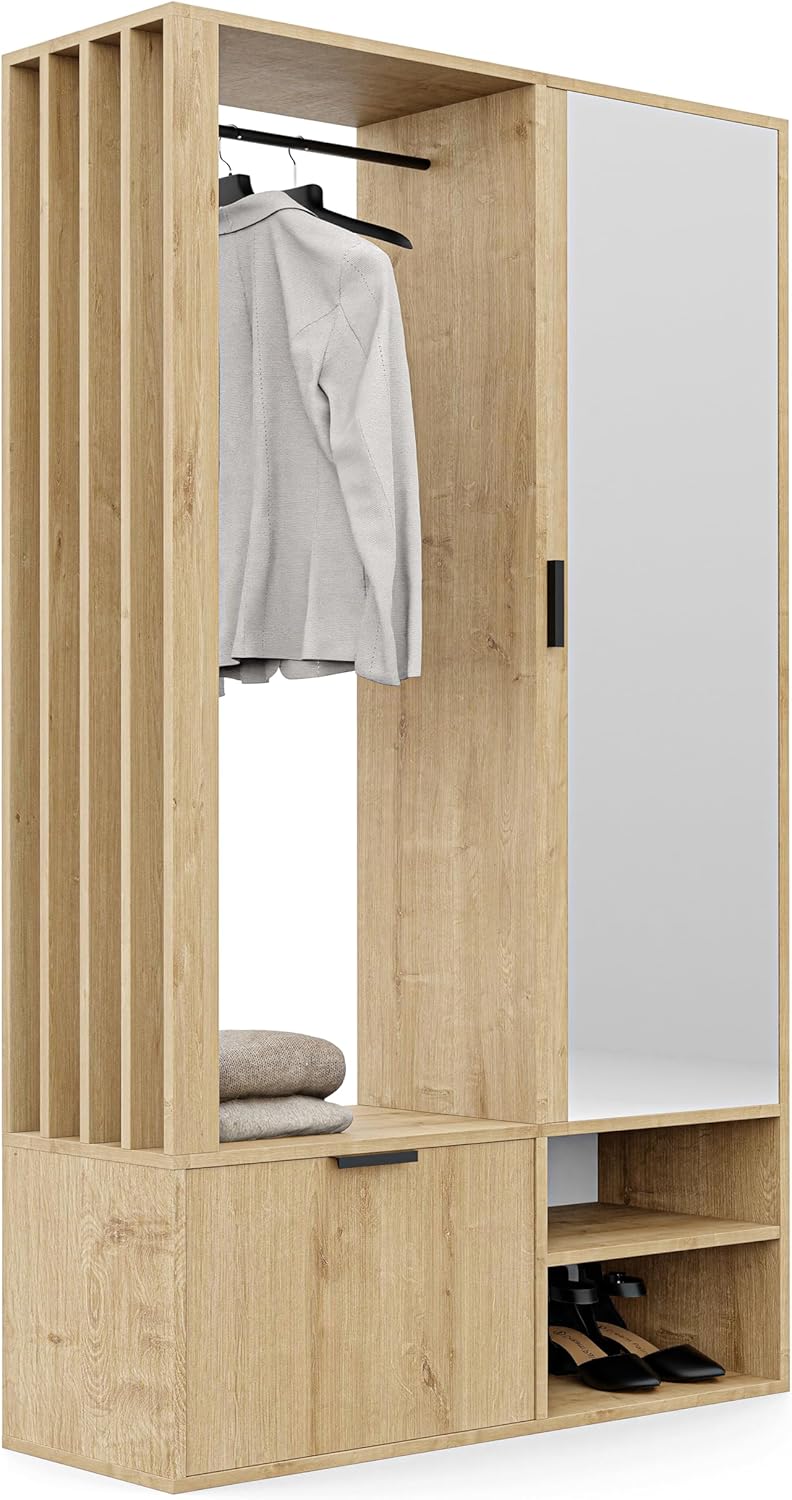 GREKPOL Droite/Gauche Vestiaire d'entrée avec Miroir (7 étagères) avec Crochets Inclus- 100 x 33 x 190 cm Meuble Porte-Manteau et Chaussures Artisan