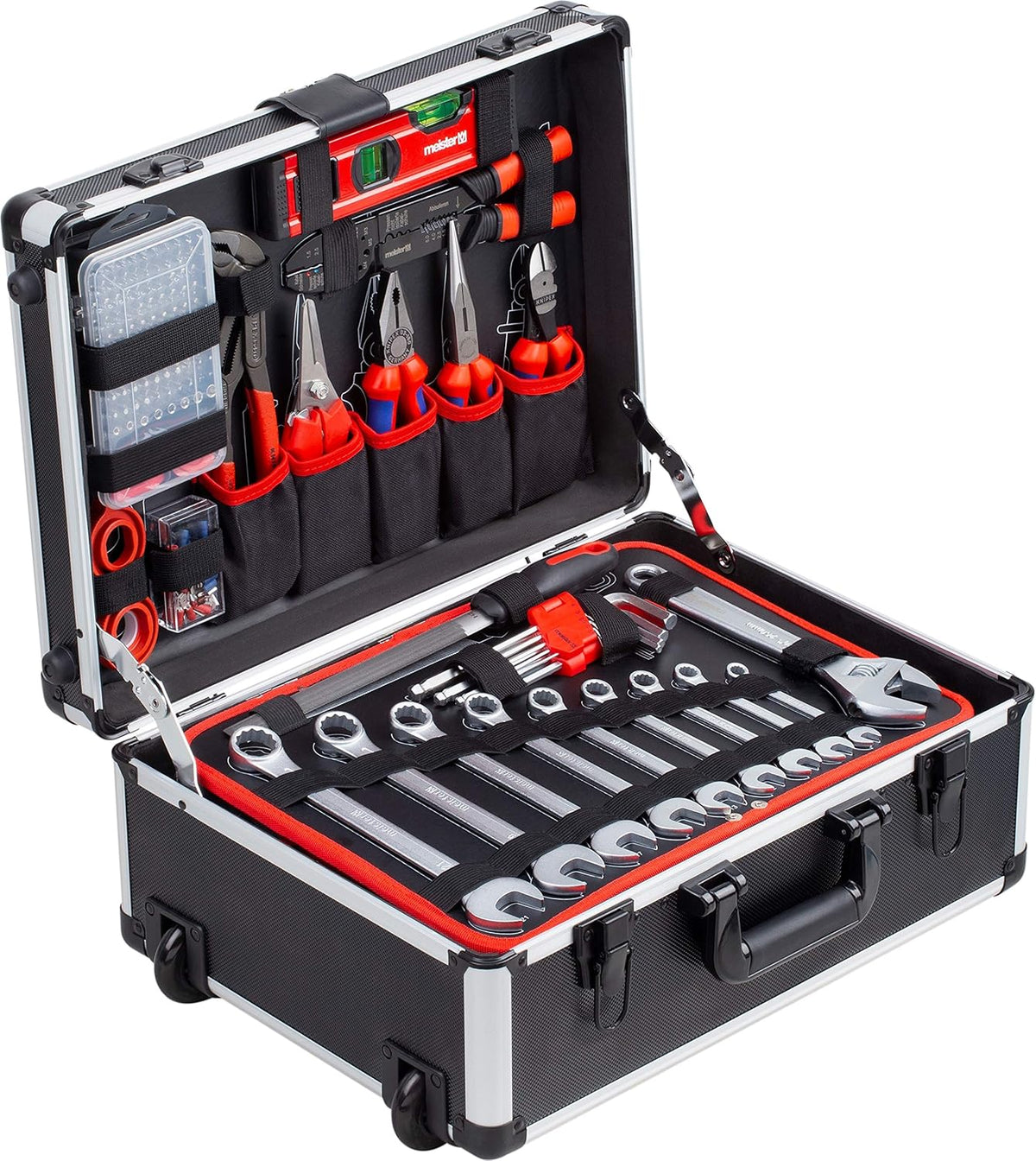 Meister 8973770 Tool Boîte à outils professionnelle remplie de qualité Knipex et Wera, manche télescopique sur roues