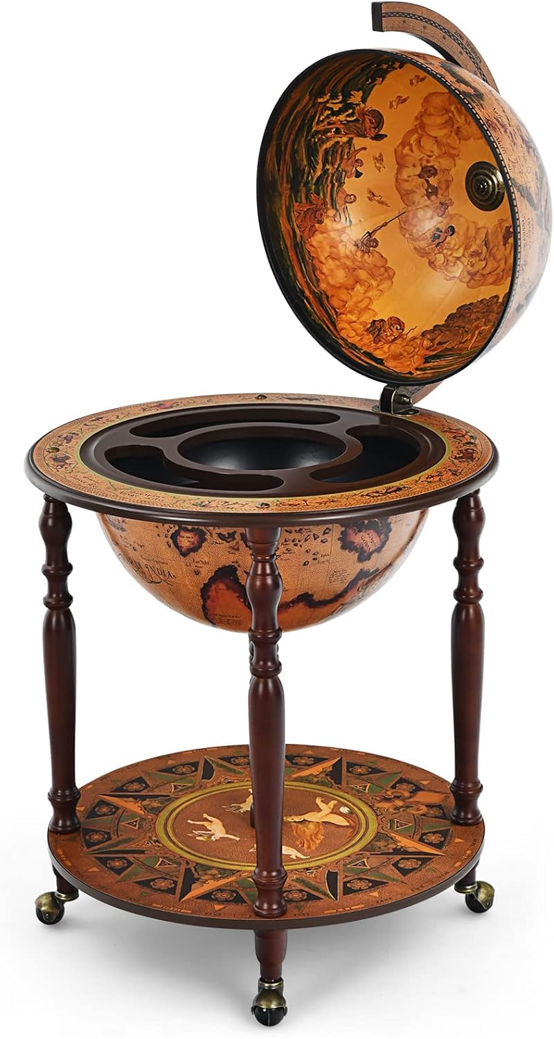 GOPLUS Bar Globe Terrestre Mappemonde à Vin en Bois φ45 CM, Chariot de Bar Forme Globe avec 4 Pieds et 4 roulettes, Porte-Bouteille Bar d’Angle avec Couvercle pour Salon, Salle à Manger (Marron)