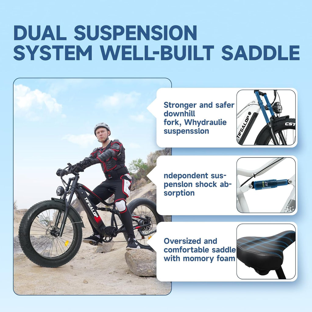 Lohang Vélo électrique pour Adultes, VTT 26 Pouces, Batterie 52 V 19/21 Ah, autonomie jusqu'à 40-90 km, Moteur Unique/Double, Double amortisseurs, 7 Vitesses, vélo électrique de Plage et de Neige