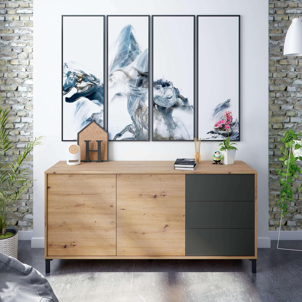 Habitdesign modèle Brooklyn Buffet 2 portes et 3 tiroirs, finition chêne Nodi et gris anthracite, dimensions : 154 x 74 x 41 cm l x H x P .
