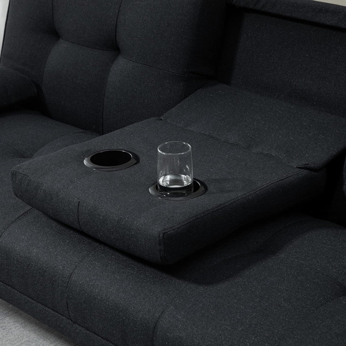 HOMCOM Canapé Convertible 3 Places, canapé-lit rembourré avec Dossier réglable 3 Niveaux, 2 Coussins et 2 Porte-gobelets intégrés, Tissu de Lin, pour Salon, Chambre d'amis, Petit Espace, Gris