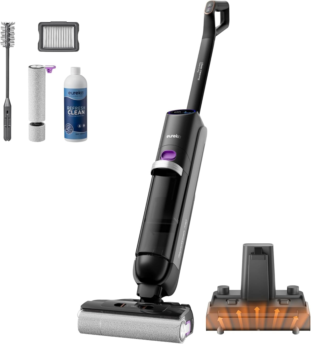 Eureka RapidWash NEW730 Aspirateur Laveur sans Fil Aspiration 21600 Pa, Lavage Eau Chaude 85 °C, Séchage 5 Minutes Air Chaud, Anti Emmêlement 2,0, Conception à Plat, Autonomie 40 Mins Ininterrompue