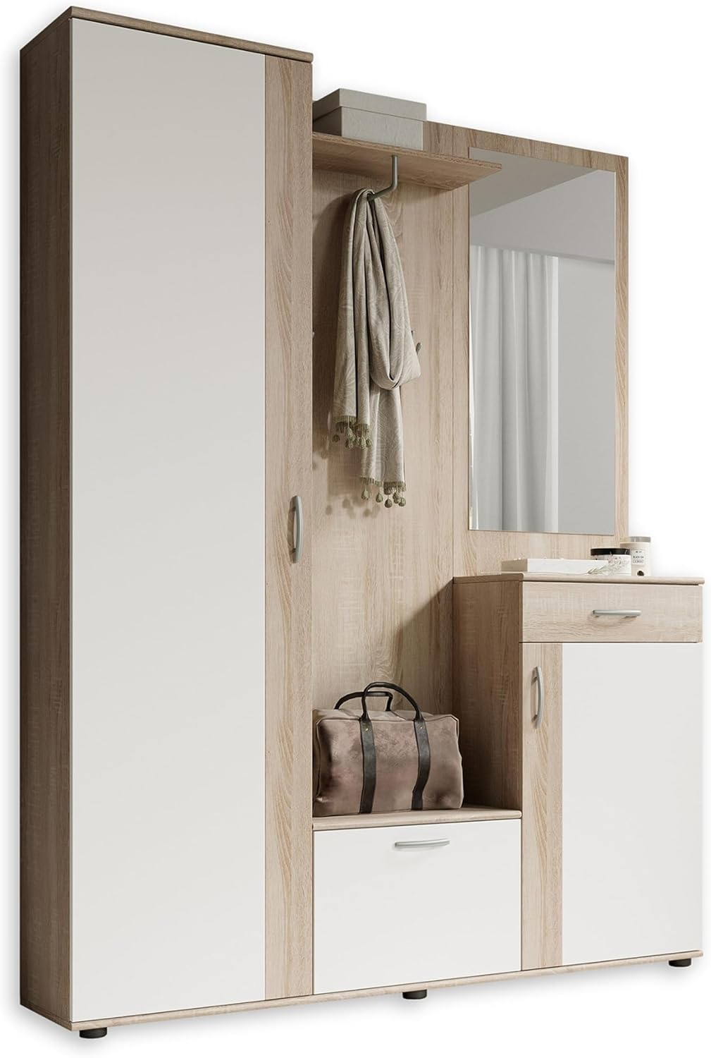 Stella Trading PATENT Ensemble de vestiaires d'entrée en aspect chêne Sonoma, blanc - Vestiaire compact stylé avec miroir pour votre entrée - 145 x 184 x 29 cm (L/H/P), marron