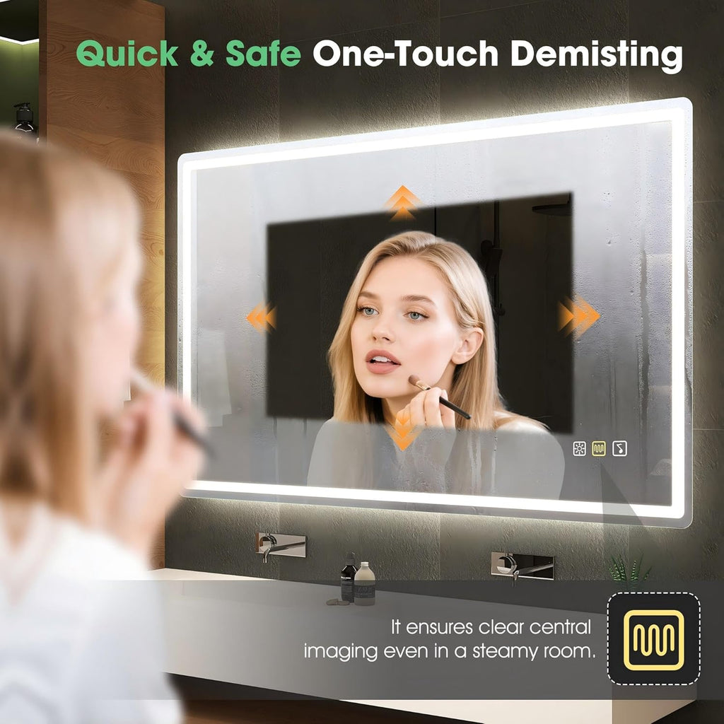 S'bagno Bluetooth-Miroir-Salle-de-Bain-avec-Eclairage-120x70cm, Miroir-LED-Salle-de-Bain Anti-buée, 3000K-6500K, Dimmable, Mémoire, Verre trempé HD, IP44-Miroir-Salle-de-Bain-Led, Horizontal/Vertical