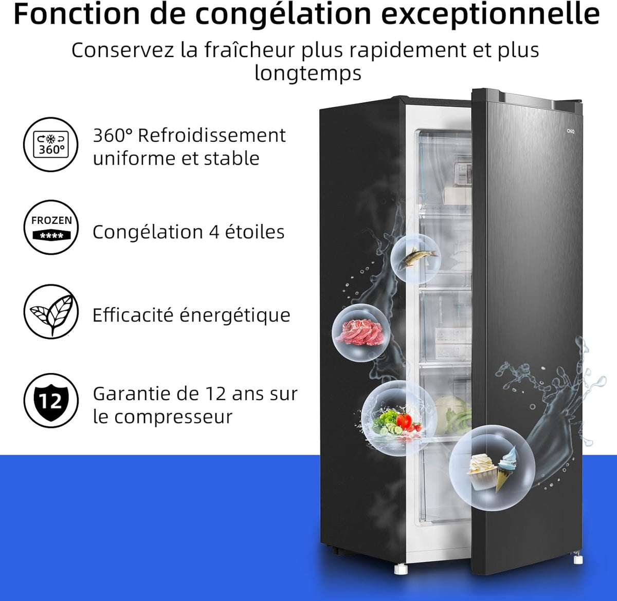 CHiQ Congélateur armoire avec une capacité de 145L, Congélation rapide, Thermostat réglable, Silencieux, Porte réversible, Noir, Classe énergétique E