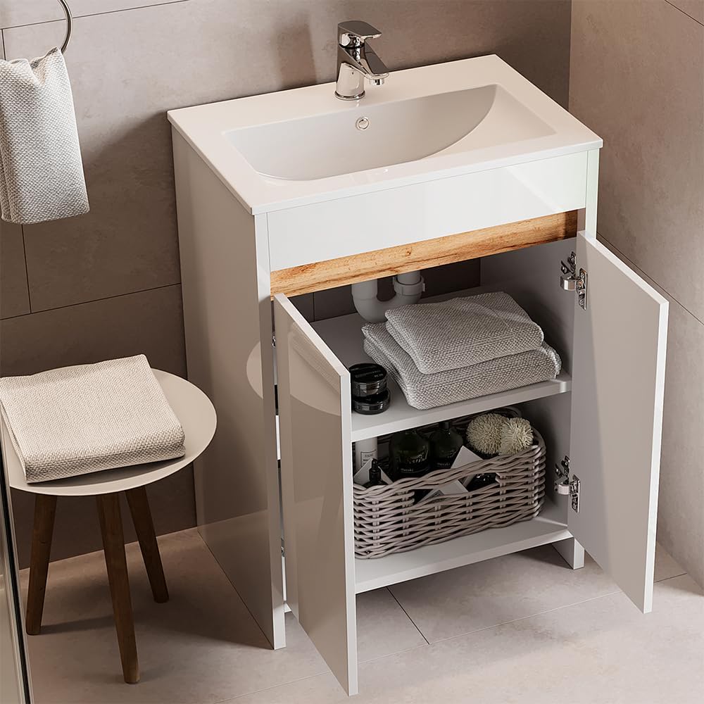 Vicco Ensemble de Meubles de Salle de Bain Lemgo, Blanc Haute Brillance, 2 pièces, Armoire Basse 60 cm