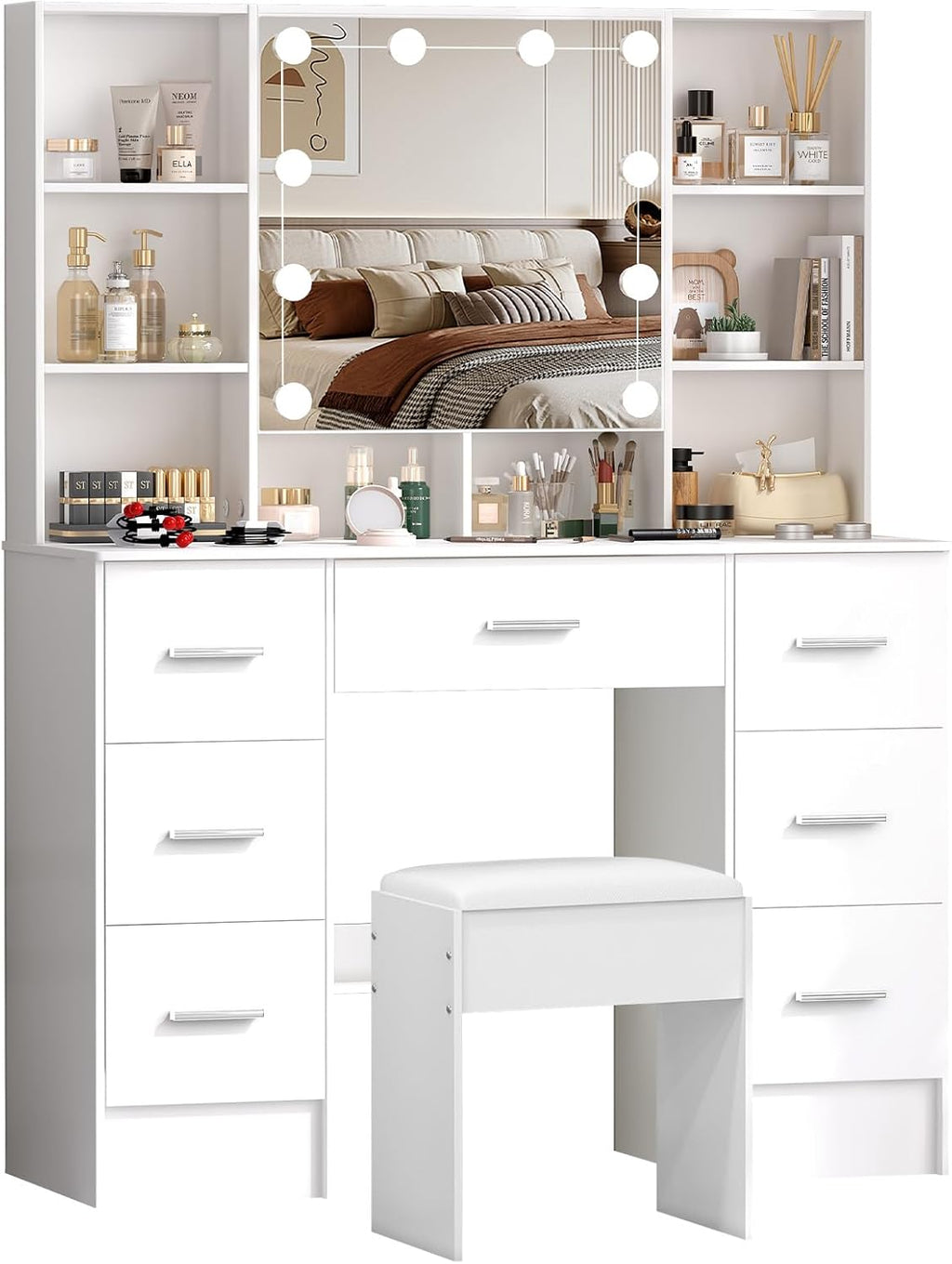 Buildonely Grande coiffeuse avec tabouret, miroir et éclairage, 3 températures de couleur avec luminosité réglable, table cosmétique avec 7 tiroirs, 40 x 100 x 140 cm, SD5210