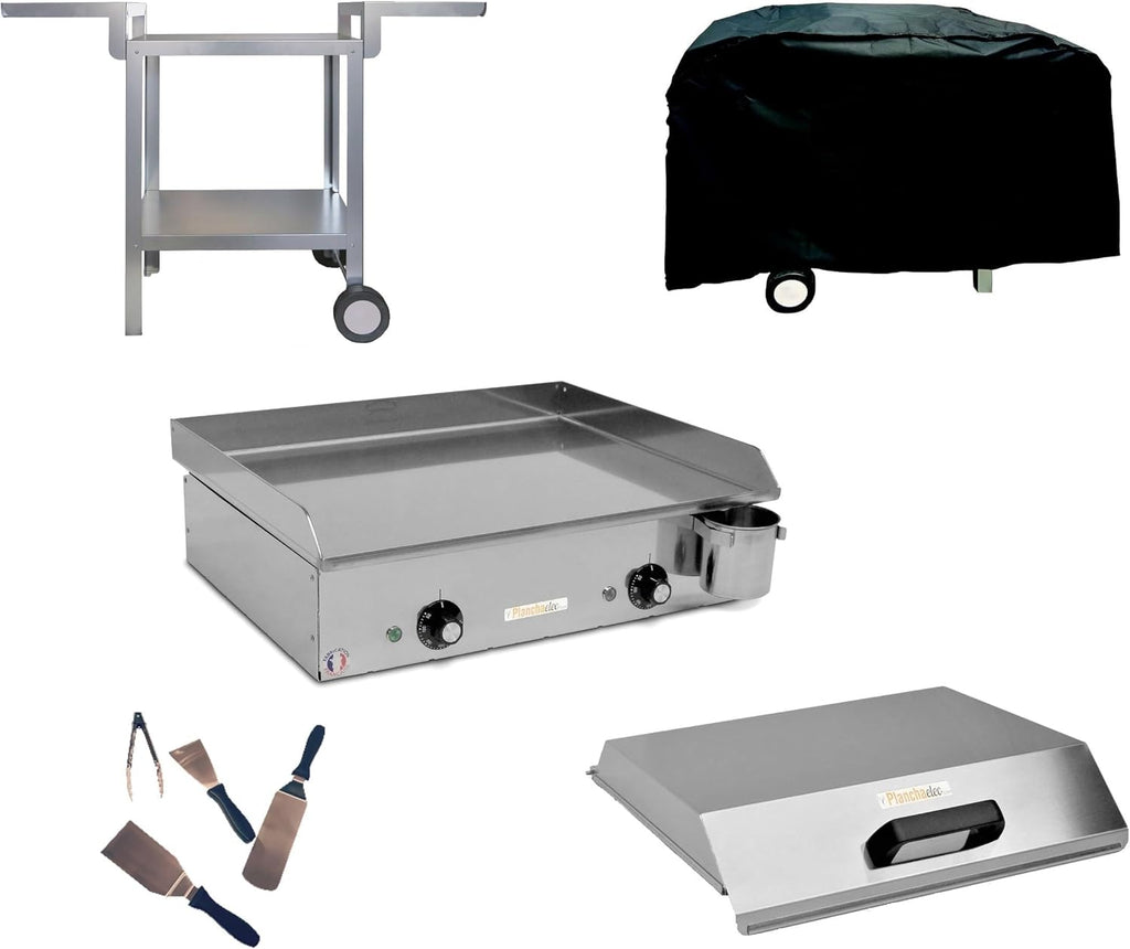 PLANCHAELEC - Pack Complet Plancha Electrique NEO E530-2400W - Chariot + Accessoires - Inox - Thermostat Réglable - 8 Personnes - Made In France - L53 X P43 X H18 cm