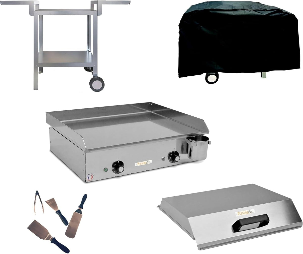 PLANCHAELEC - Pack Complet Plancha Electrique NEO E530-2400W - Chariot + Accessoires - Inox - Thermostat Réglable - 8 Personnes - Made In France - L53 X P43 X H18 cm