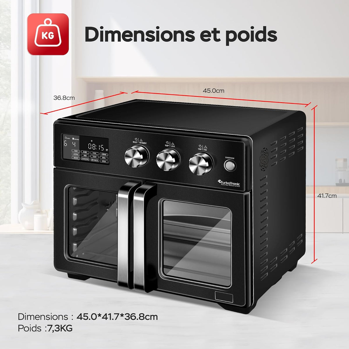 TurboTronic Mini four, four à air chaud 4 en 1 et friteuse à air chaud, version XXL 32 L, y compris tournebroche et de nombreux accessoires, plaque de cuisson, déshydrateur à partir de 25 °C & grill