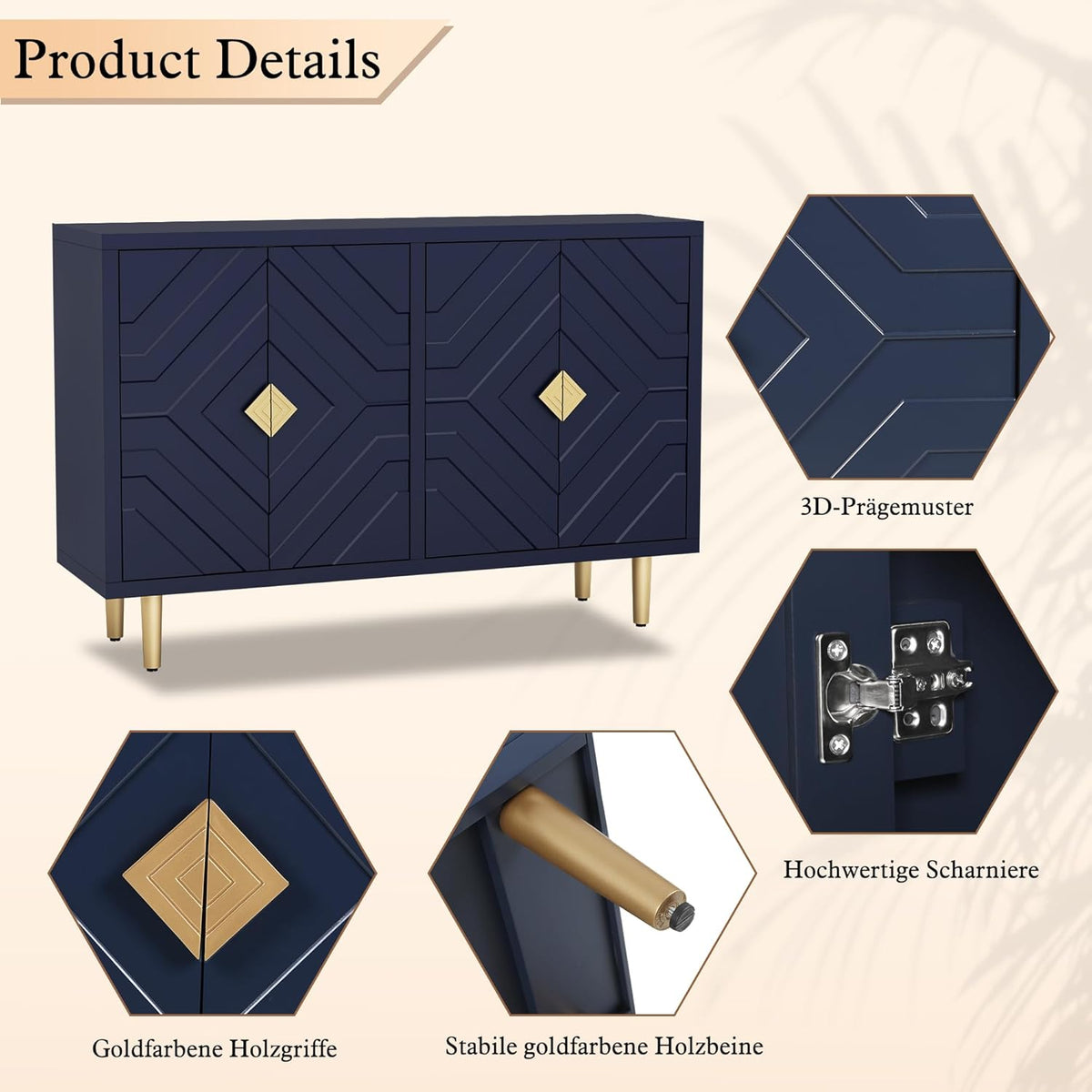 HOLTICO Commode buffet 4 portes, armoire de cuisine, rangement, salon, cuisine, chambre - Bleu