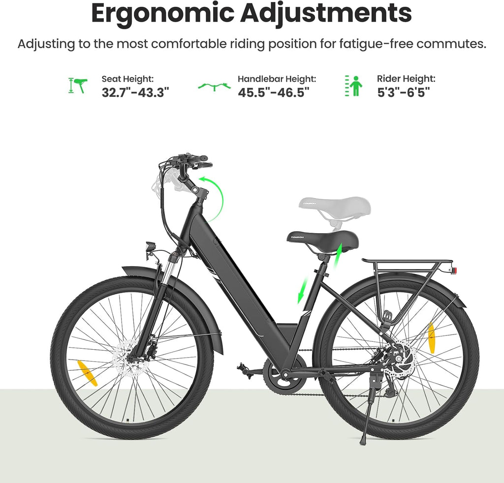 Touroll Vélo électrique J1 Pro, Vélo Électrique Adulte 100km Autonomie, Freins Disque Hydraulique, Batterie 36V 15.6Ah Amovible, 250W VTC Electrique Homme Femme