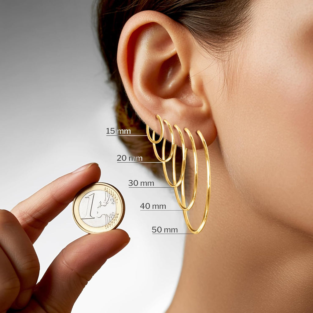 Boucles D'Oreilles Rondes Classiques Or Jaune 585 750 333 Moyennes Créoles pour Femme - Diamètre 40 mm, Largeur 2 mm