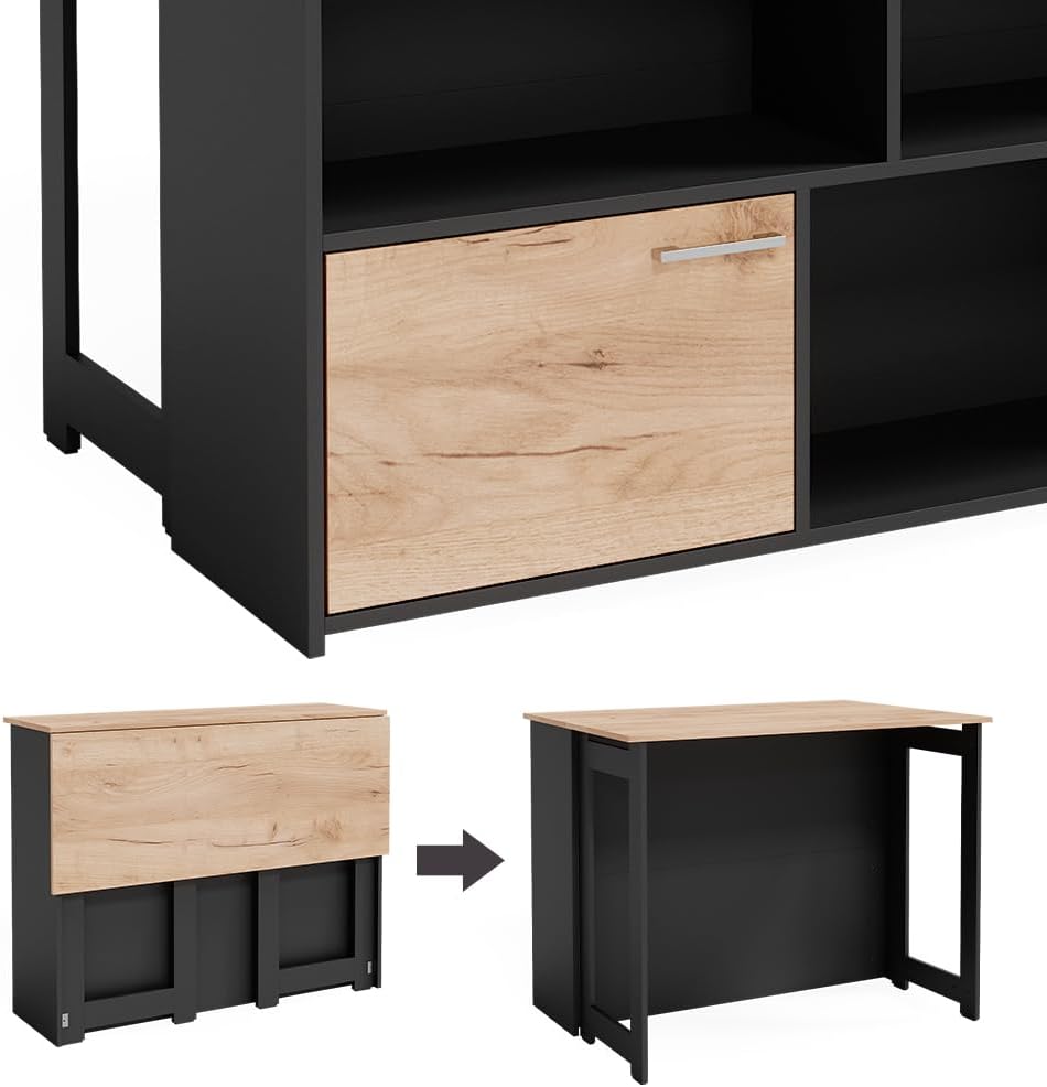 Vicco Table de Bar Dominic, Chêne de Force doré/Anthracite, 116 x 37 cm 4X Compartiments Ouverts et 1x Porte