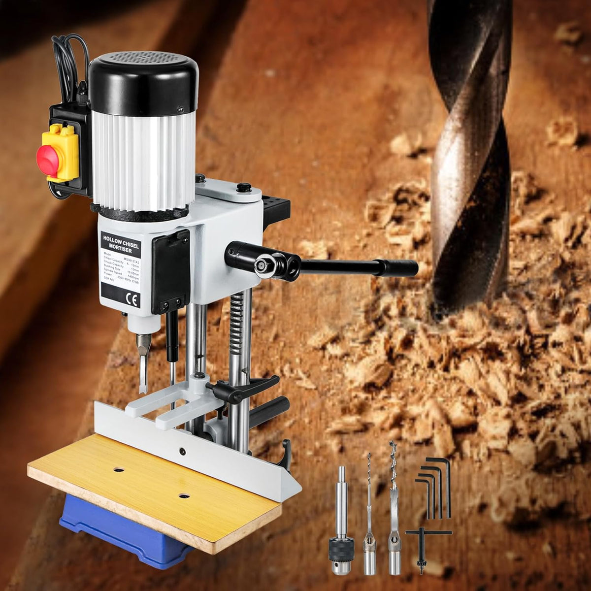 VEVOR Mortaiseuse à Bédane Carré, 750 W, Machine à Percer Bois d'Établi Électrique avec Ensemble Forets, Capacité du Burin 6-12 mm, Capacité du Mandrin 13 mm, 2800 tr/min, pour Travail Perçage du Bois
