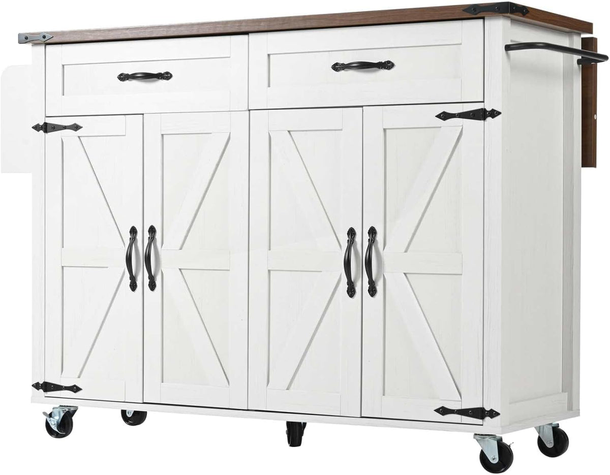 PUGSDRLY Desserte de Cuisine à Roulettes, Buffet Meuble avec 2 Tiroirs et 4 Portes, Armoire de Cuisine, Plateau de Table Pliable