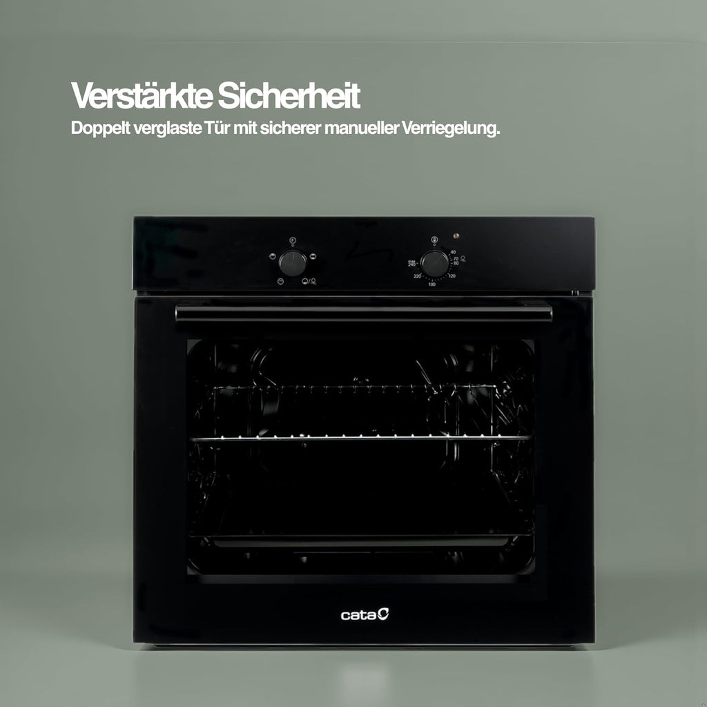 Cata Four statique SES 6004 BK 4 fonctions porte panoramique Full Glass Nettoyage AquaSmart Éclairage intérieur Largeur 60 cm Grande capacité 62 L Éclairage intérieur Finition inox Verre noir