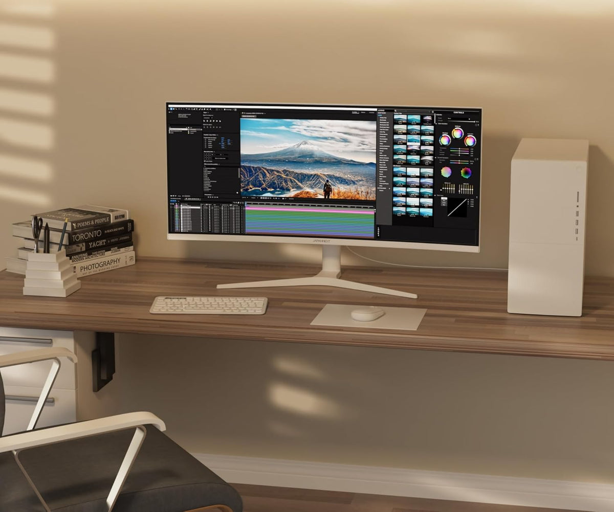 JAPANNEXT Ecran PC Incurvé Blanc 34" IPS UWQHD (3440x1440) | HDR & KVM | Recharge Via USB-C(65W) Hauteur réglable Haut-parleurs intégrés | G-Sync/FreeSync | JN-IPS34Q-HC6-W