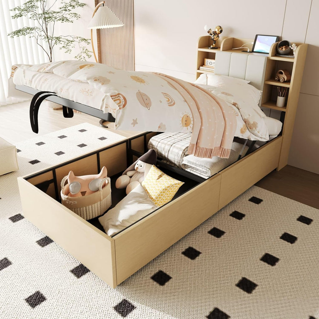 EURHCIO Lit Une Place 90x200 avec Ports USB/C,Tête de lit à Rangement,Lit Coffre avec Sommier à Lattes Solide,pour Ado Adulte Naturel, 90x200