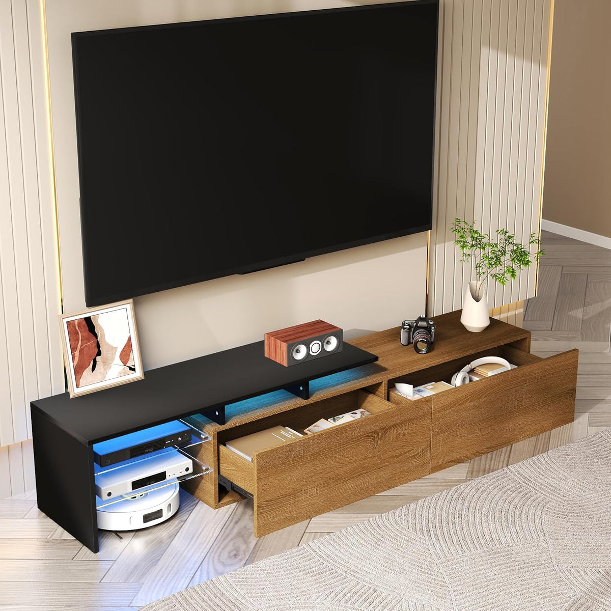 Meuble TV aspect bois naturel 170 cm avec éclairage LED 16 couleurs étagères en verre pour TV jusqu'à 75"