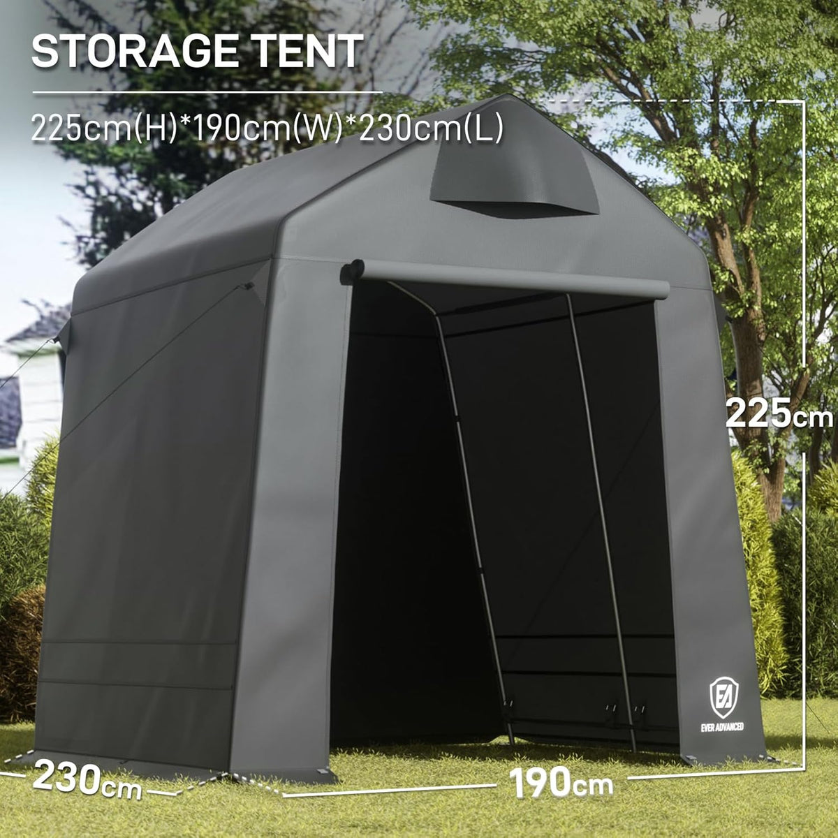 EVER ADVANCED Abri de Jardin 9.8m³ Tente de Stockage 190x230x225cm, Abri de Jardin étanche avec 2 Ouvertures d'aération, Garage à vélos abri de vélo Garage de Rangement abri Tout Usage, Gris