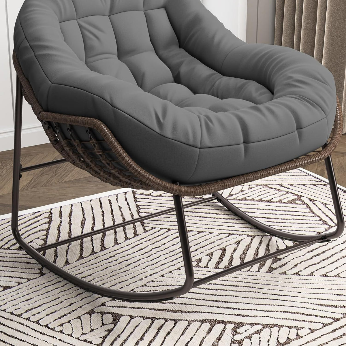 belupai Fauteuil à bascule en forme d'œuf en osier, jardin à bascule en rotin avec rembourré, chaise d'allaitement, cadre en métal, pour extérieur et intérieur, jusqu'à 113 kg pessimiste