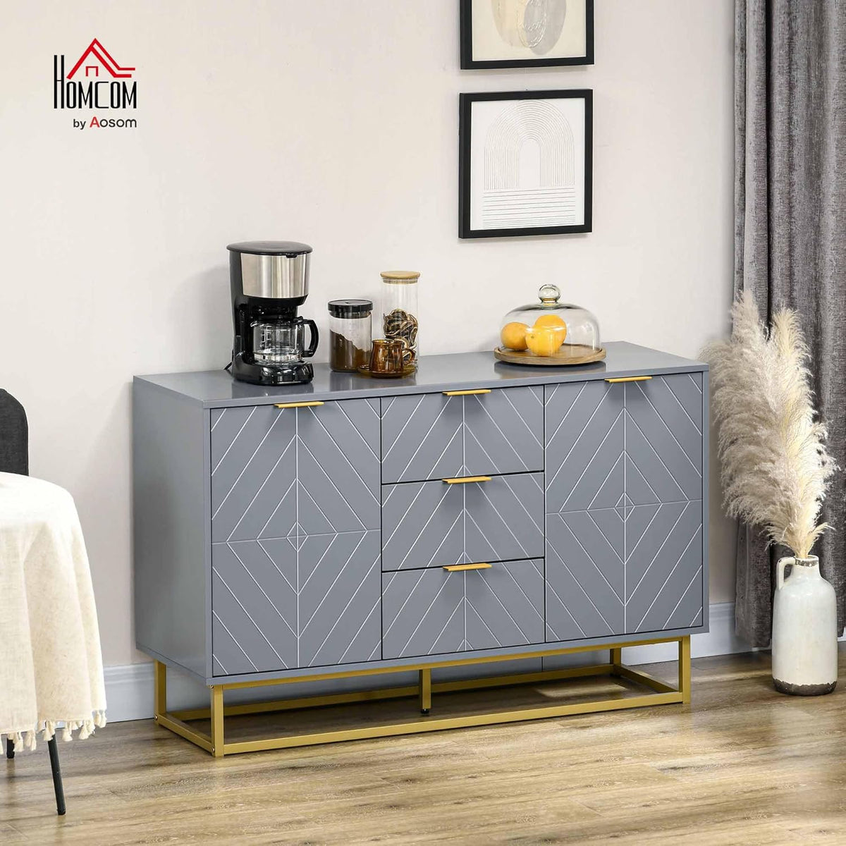 HOMCOM Buffet moderne pour salon avec 3 tiroirs, 2 portes et étagère réglable, pour salon, anti-renversement, 120 x 40 x 76 cm, gris