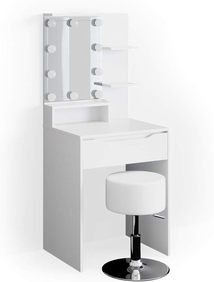 Vicco Coiffeuse Ruben, Blanc, 60 cm avec éclairage LED et Tabouret