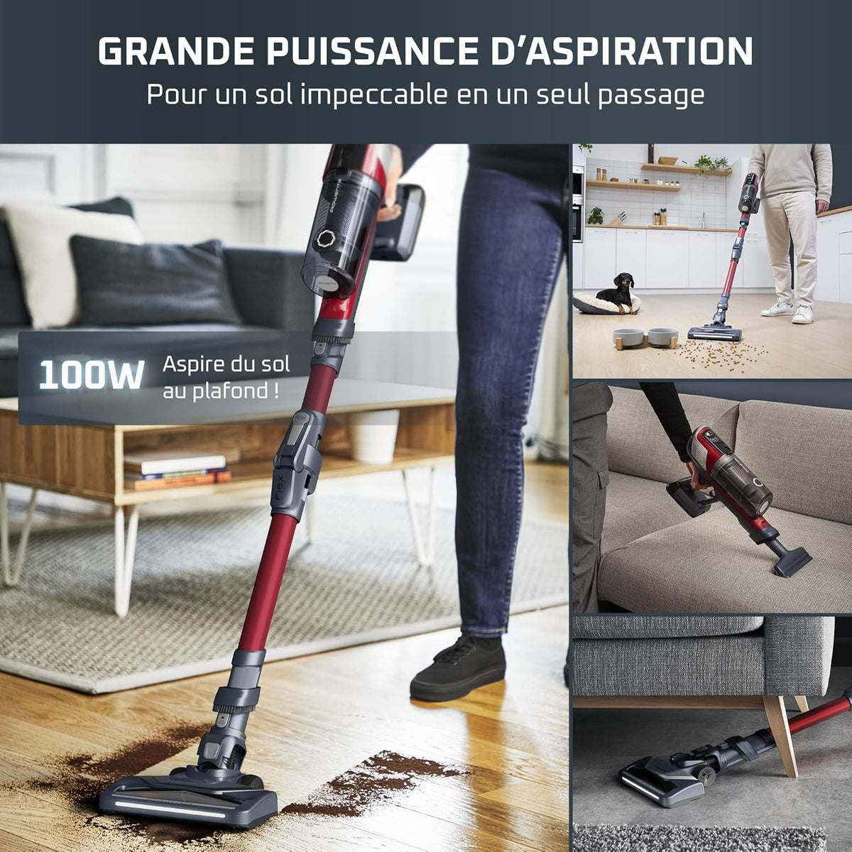 Rowenta X-Pert 6.60 Smart Aspirateur Balai sans fil, Tube Flex, Idéal pour les Poils D'animaux, Léger, Puissance 100W, Autonomie 45min, LED RH6471WO, Noir/Rouge