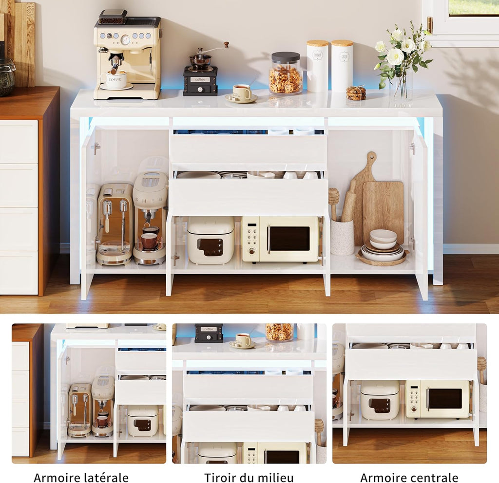 LONELYO Buffet Blanc Laqué 4 Portes2 Tiroirs avec Éclairage LED, Meuble de Rangement Moderne pour Salon, Cuisine ou Entrée, Design Haut Brillant Blanc